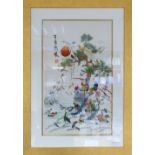 A good Chinese silk picture of many birds in a tree with flowers: In frame. 35 x 58cm.