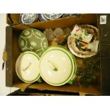 A mixed collection of items to include: Deco pottery tureens, Wedgwood Sage Green plates, glass