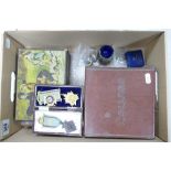 Leather collar box RAOB medals jewellery etc: Includes George III silver shillings & other coins,