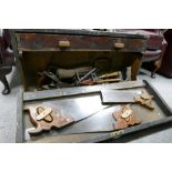 Large and very heavy joiners wooden toolbox with tools: Contains 3 planes, a variety of saws and a