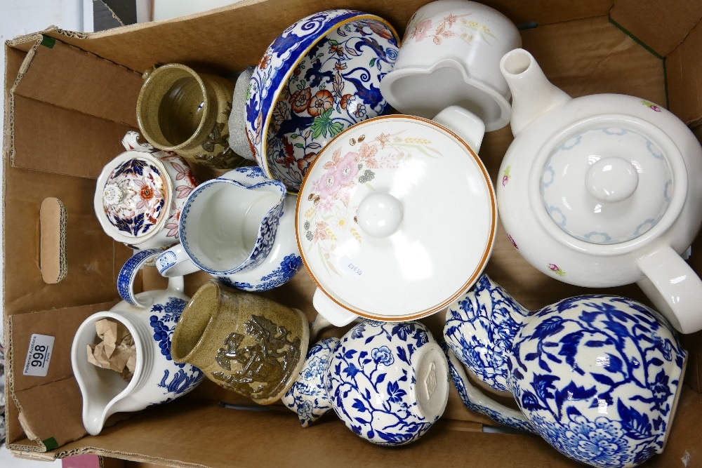 A mixed collection of items to include: 19th Century Blue & White jugs, Welsh Theme stoneware