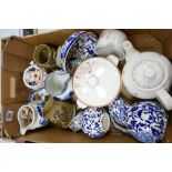 A mixed collection of items to include: 19th Century Blue & White jugs, Welsh Theme stoneware