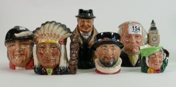 Royal Doulton 6 x smaller Toby Character jugs: Includes Churchill, Beefeater, Indian, Sairy Gamp,