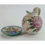 Gouda floral decorated jug together with small shallow dish: Jug height 19cm. (2)