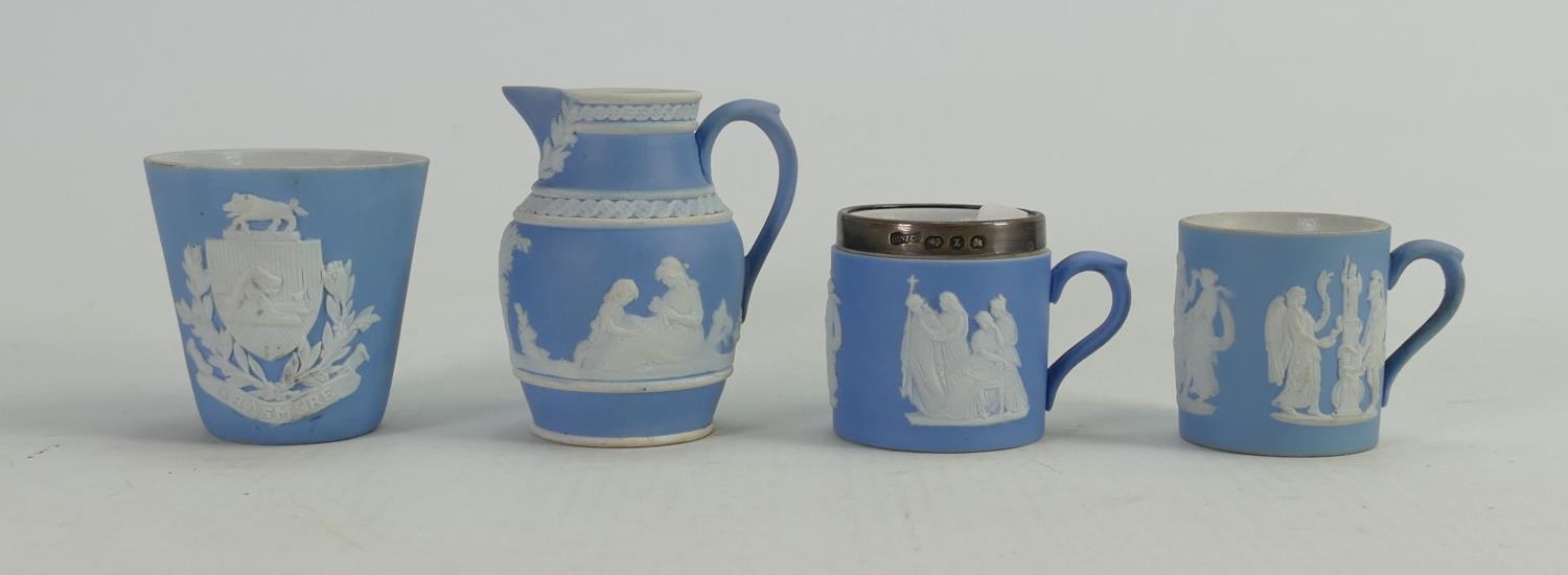 A collection of Wedgwood dip light blue miniatures items to include: Crested beaker, tankards & jug.