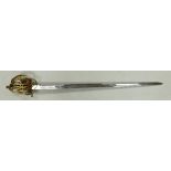 A reproduction heavy cavalry sword :with ornate brass hilt in steel sheath, L106cm.