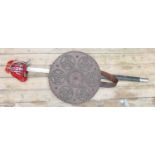 Culloden type large basket hilted Scottish broadsword: with wood,leather shield with brass studs,