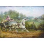 Oil on canvas lady with horse and cart hunting scene signed Geo Murray: Measures 38.5 cm x 54 cm