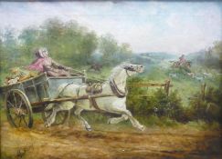 Oil on canvas lady with horse and cart hunting scene signed Geo Murray: Measures 38.5 cm x 54 cm