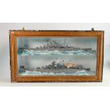 Cased Model WWII theme Battleships: HMS Hood & Bismarck: case size 31cm x 55cm