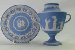 Wedgwood light blue 19th and early 20th century plate and lidless handled vase: Height of vase 21cm.