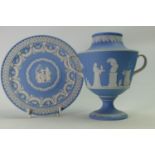 Wedgwood light blue 19th and early 20th century plate and lidless handled vase: Height of vase 21cm.