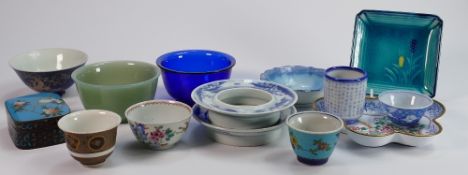 A collection of Chinese porcelain ware: Including small bowls, dishes, early blue & white, Cloisonne