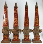 20th century Oriental theme ceramic & bronzed Obelisks: Height 65cm. (4)