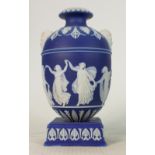 Early 20th century Wedgwood dip blue small jar and stand: Lid missing & small chips to base,