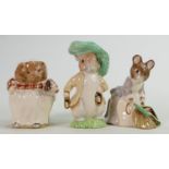 Beswick Beatrix Potter gold edition figures: Benjamin Bunny, Hunca Munca and Mrs Tiggywinkle, all