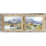 Pair of oil paintings on board depicting highland cattle scenes: Bearing indistinct signatures