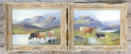 Pair of oil paintings on board depicting highland cattle scenes: Bearing indistinct signatures