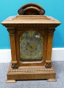Large Walnut cased 3 train mantle clock: Measuring 48.5cm high. Includes key & pendulum. Missing