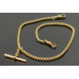 18ct gold watch chain with t bar, 43.3g: