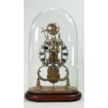 19th century brass Skeleton clock under glass dome: Single strain striking fusee clock in ticking