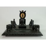 19th century black ebony Elephant desk set: Set with Wedgwood yellow and black Jasper slave medal Am