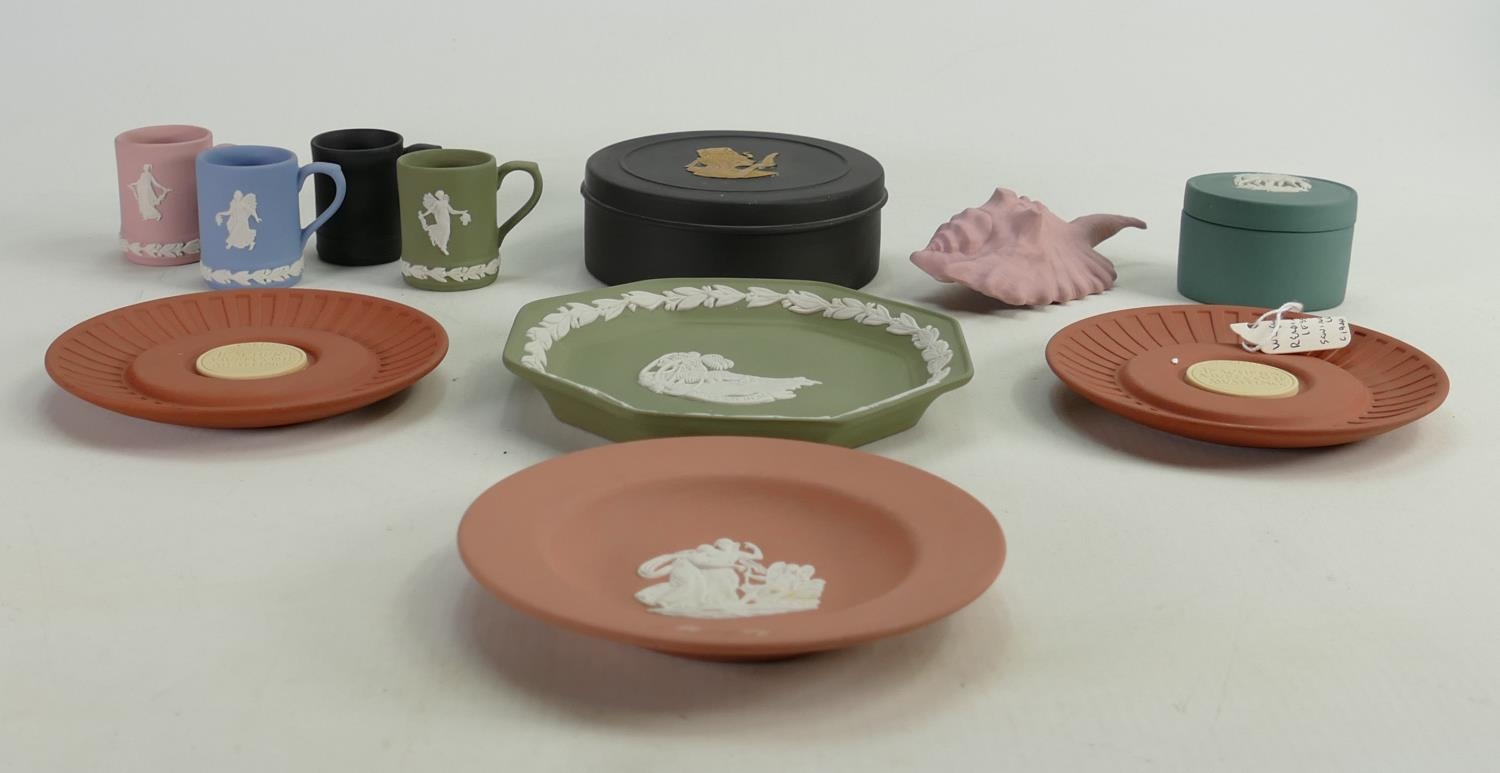 A collection of multicoloured Wedgwood Jasperware to include: Pin trays, miniature tankards,