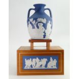 Wedgwood Saxon blue large Portland Vase: Stamped made in England KD OS, height of vase 27cm.