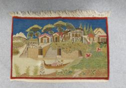 Kilim rug with village and river scene: Measures 81cm x 56cm
