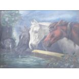 Large Gilt Framed Oil on Canvas: Horses Drinking Water From Trough: canvas size 74cm x 90cm, some