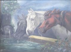 Large Gilt Framed Oil on Canvas: Horses Drinking Water From Trough: canvas size 74cm x 90cm, some