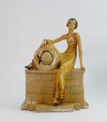 Wade Cellulose Art Deco figure Sadie no 2: Lady with hat seated on wall, h34 x w24.5cm. (Some wear &