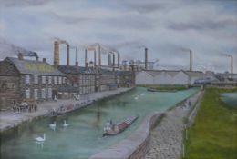 Oil on board local interest painting of Etruria Wedgwood Works signed Wakefield: 49cm x 75cm