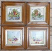 Two pairs of 19th century hand decorated framed tiles: With still life & landscape themes, size of