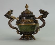 Silver coloured metal and jade Oriental covered vase: High quality with gilt decoration, measures