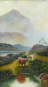 Large Framed Oil on Canvas: Highland Cattle with Riverside Scene, signed & Dated L Benson 1910,