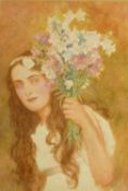 George Lawrence BULLEID (1858-1933), watercolour painting of young woman holding flowers, 17 x 24cm.