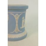 A collection of early 20th century light blue Wedgwood: Candlesticks, silver plate rimmed large bowl