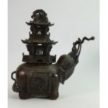 Oriental Elephant theme Incense Burner: With removable pagoda section to back, height 35cm.