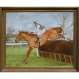 Sue Wingate, "Londolozi" Oil painting of horse & jockey jumping fence, 78 x 50cm, signed and dated