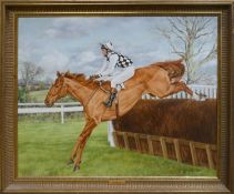 Sue Wingate, "Londolozi" Oil painting of horse & jockey jumping fence, 78 x 50cm, signed and dated