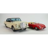 Vintage tin plate models of a Mercedes and Burango model of E type Jaguar (2):