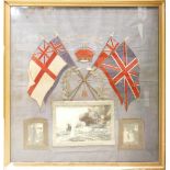 WW1 embroidery Dieu Et Mon Droit depicting a central crown above a picture of a sea battle,