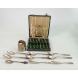 Hallmarked silver & silver coloured metal group of items: Includes h/m forks in case, enamel spoon &