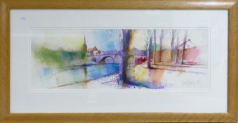 Ian Fennelly 20th century framed watercolour: With images of Chester Riverside, 25cm x 74cm.
