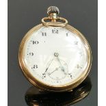 9ct gold keyless gents pocket watch: Gross weight 90.0g, diameter 50mm. Fully English hallmarked