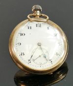 9ct gold keyless gents pocket watch: Gross weight 90.0g, diameter 50mm. Fully English hallmarked