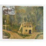 Primitive oil on canvas painting of Toll Gate House Atherstone: Signed and dated lower right