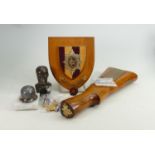 A collection of military related items: including gun stock crib peg board, Bronze bust of