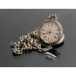 Ladies Continental silver watch and heavy silver watch chain Albert: Watch with key but sold as